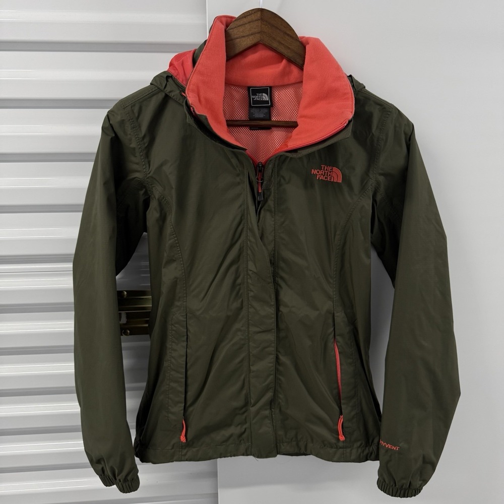 The North Face HyVent Womens XS Rain Jacket Olive Green Coral Hooded Full Zip
